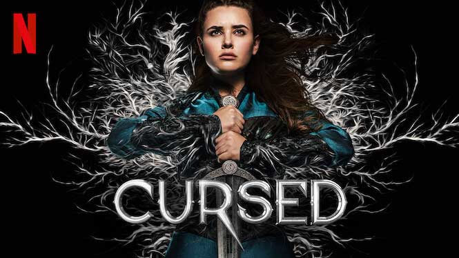 Promotional poster for Netflix's Cursed with the lead character holding a magical sword.