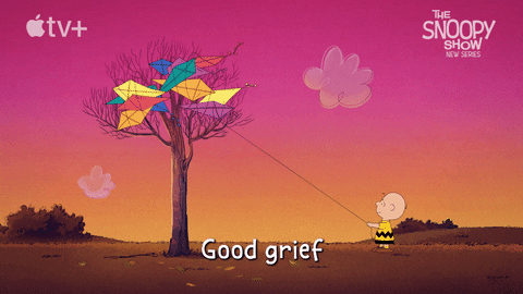Gif of Charlie Brown chasing a kite caught in a tree saying, 