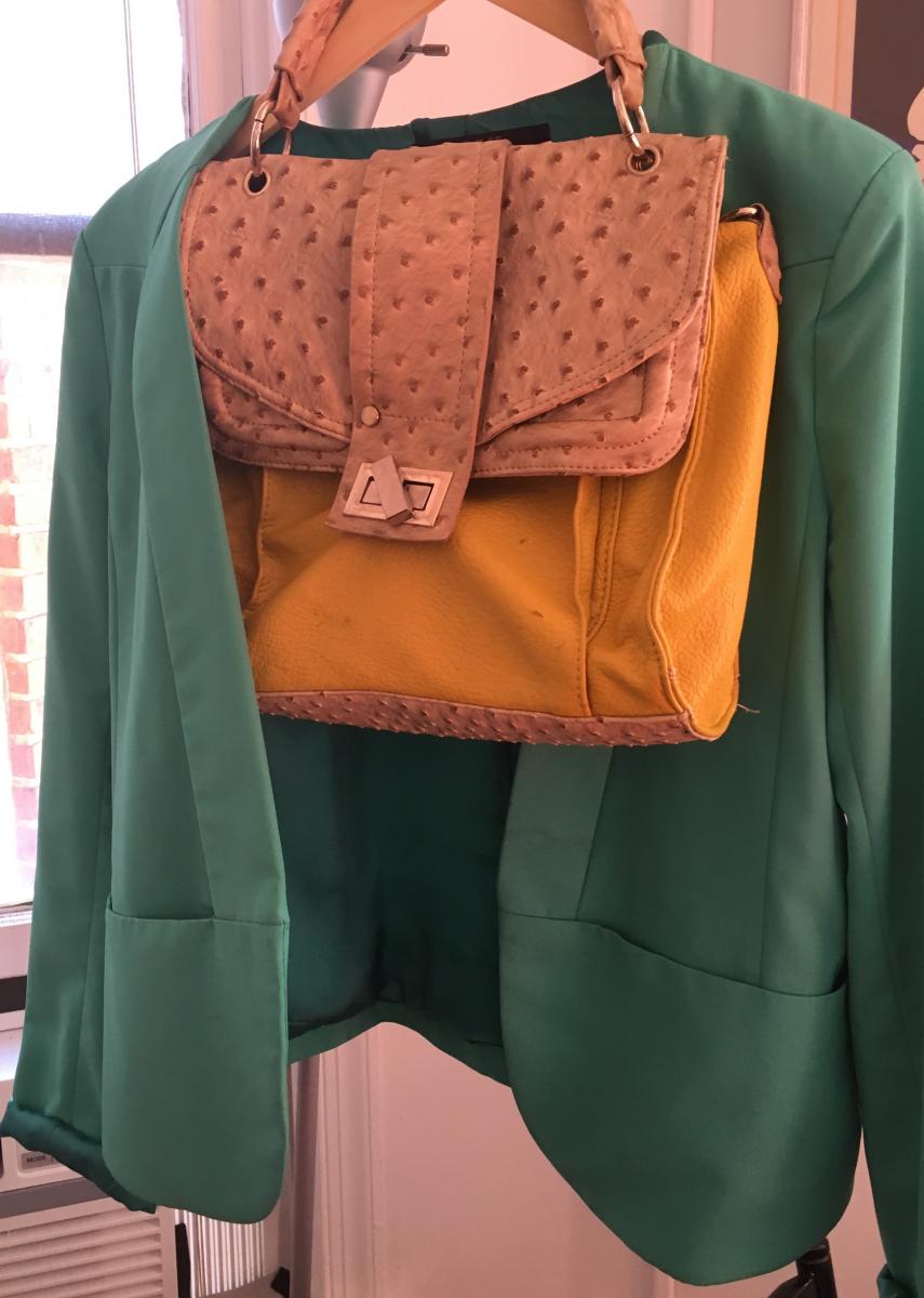 Teal blazer and yellow bag