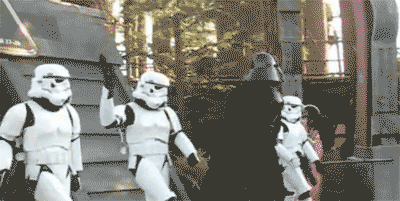 Gif of Star Wars characters dancing, including stormtroopers and darth vader. 