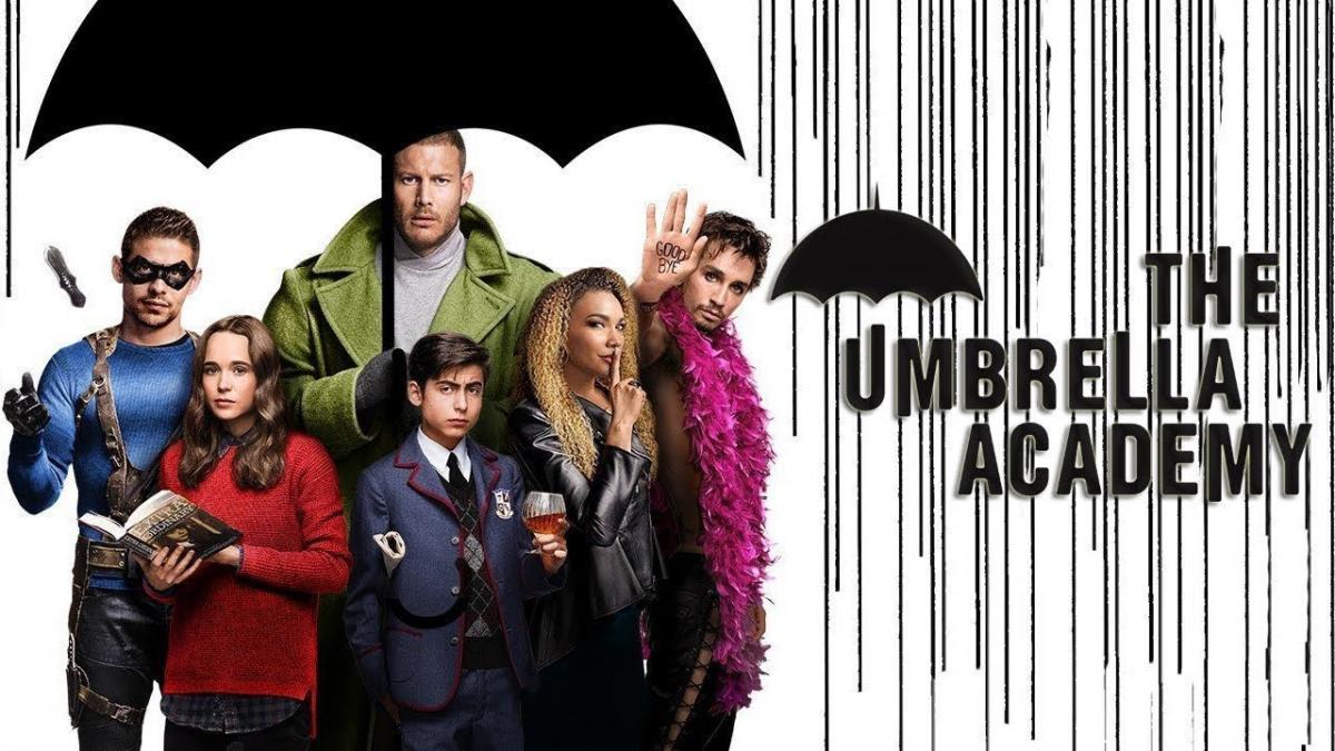 Promotional poster for Netflix's Umbrella Academy with the cast standing under an umbrella.