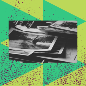a stack of black and white photographs against a colorful green graphic background.
