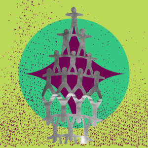 green graphic background and over it is a graphic of a silver human pyramid