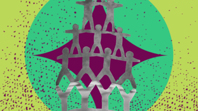 green graphic background and over it is a graphic of a silver human pyramid