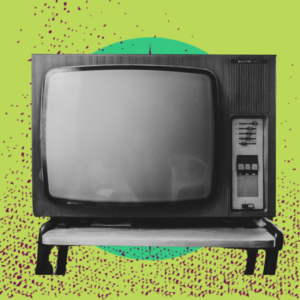 black and white TV against a green background