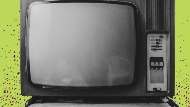 black and white TV against a green background