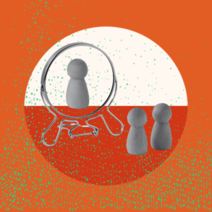 An orange graphic background and in front is an image of two figures looking into a mirror, but in the mirror reflection you only see one of the figures.